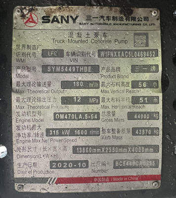 2020 SANY 56m Χρησιμοποιούμενο φορτηγό αντλίας σκυροδέματος με σασί Benz